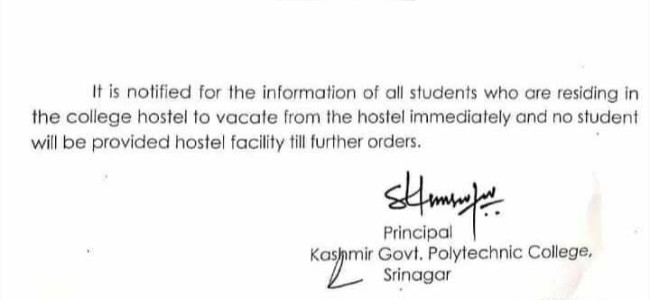 Kashmir Govt Polytechnic students asked to vacate college hostels
