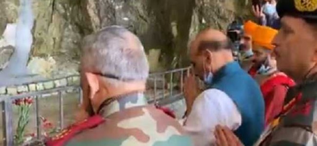 Defence minister Rajnath Singh visits Amarnath cave shrine in Kashmir Himalayas