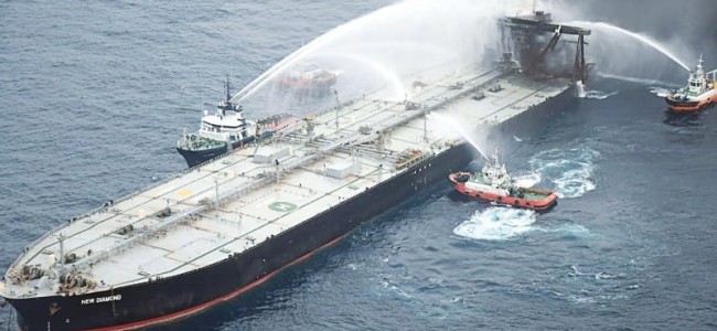 Burning oil tanker leaks diesel off Sri Lanka